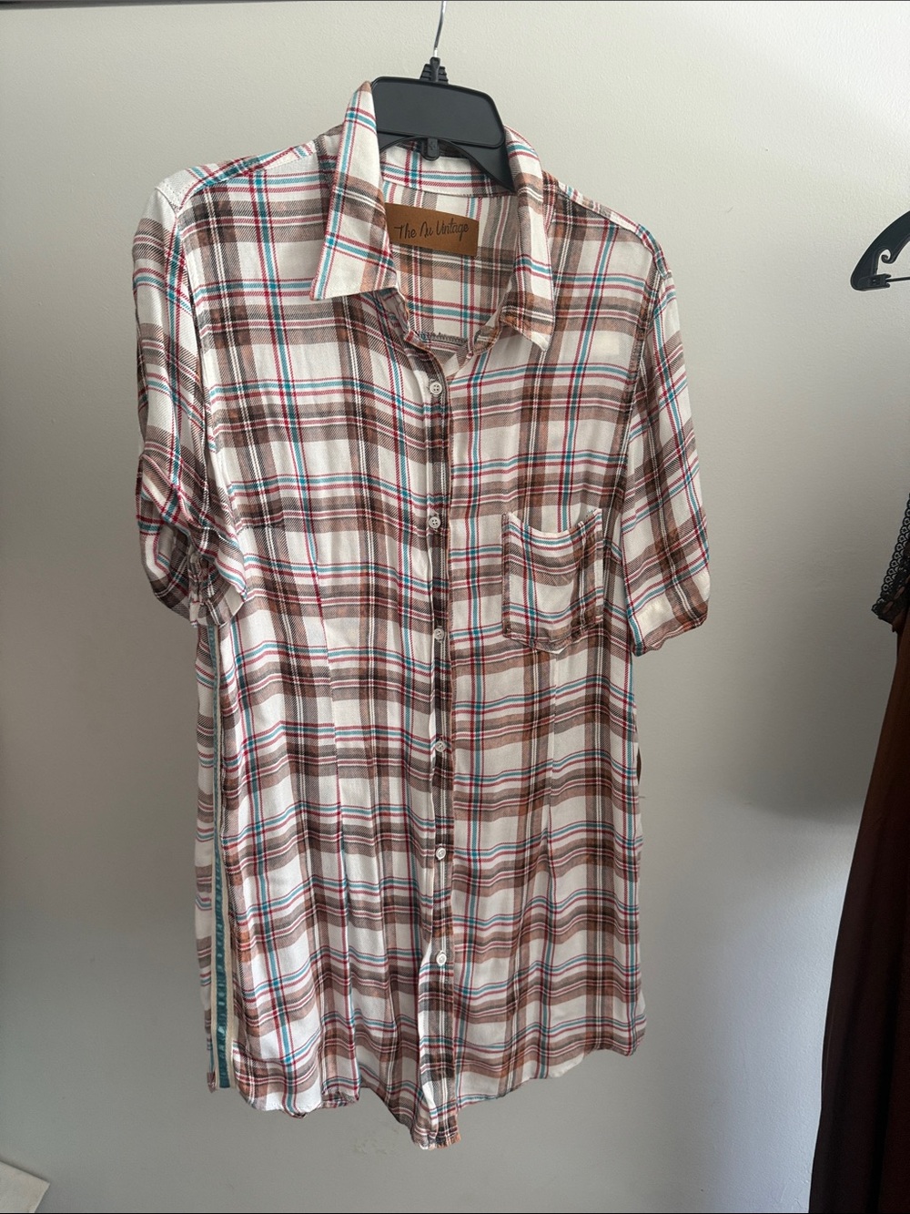 Women’s Plaid Tunic Button-Down in Brown & Cream